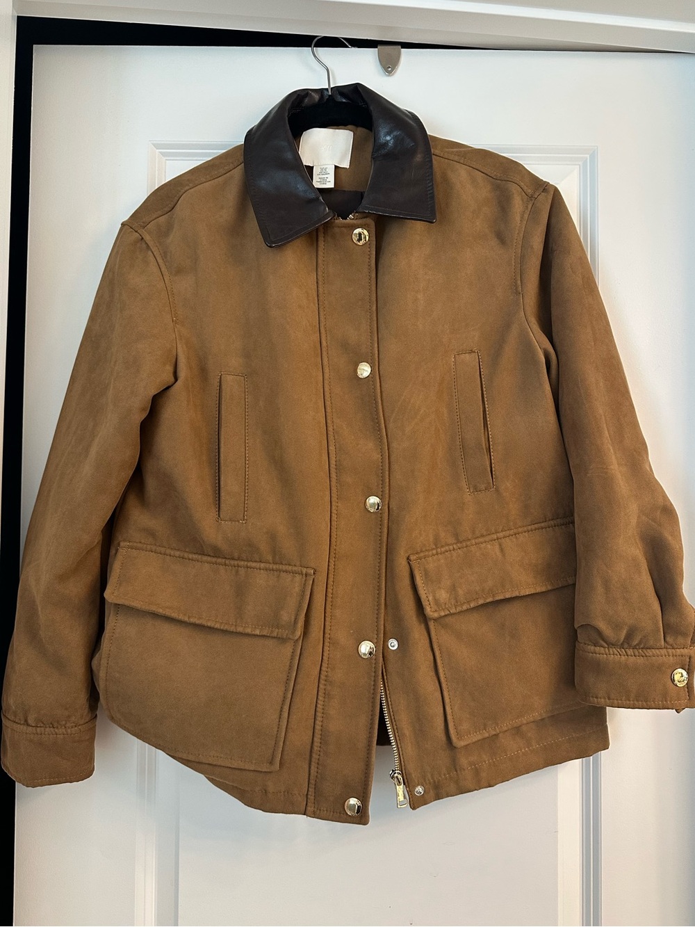 H&M Brown Suede Utility Jacket with Dark Brown Leather Collar